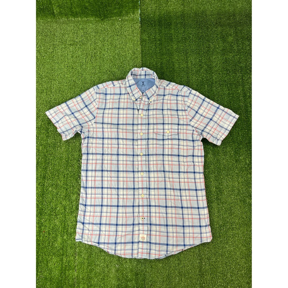 IZOD Seaside Poplin Mens Medium Short Sleeve Button Down Plaid Shirt Blue Red
